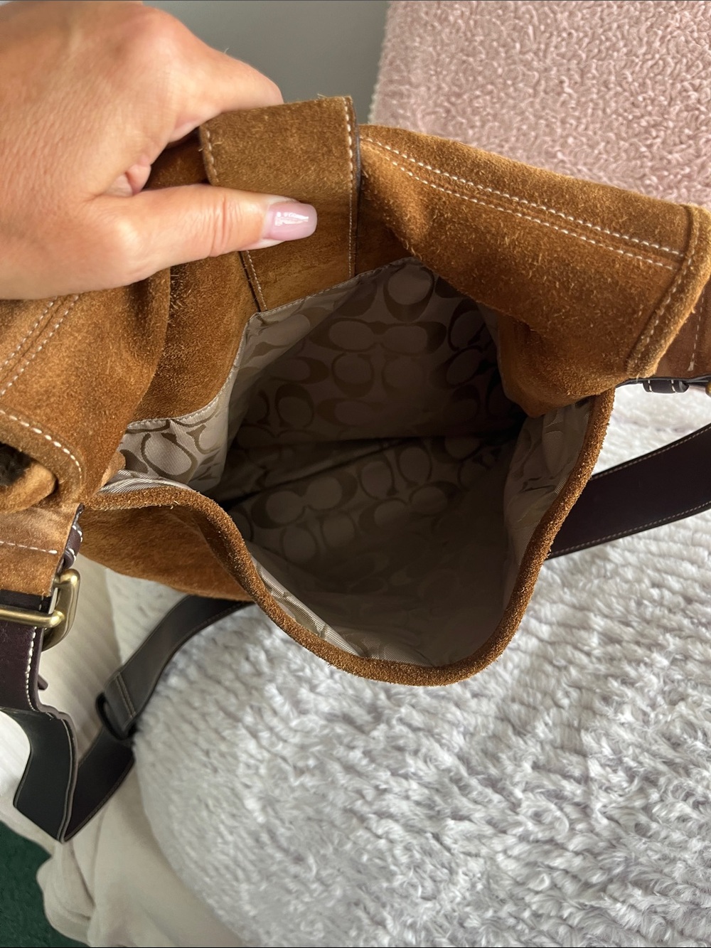 Coach Brown Suede Buckle Shoulder Bag with Dark Strap - Picture 10 of 12